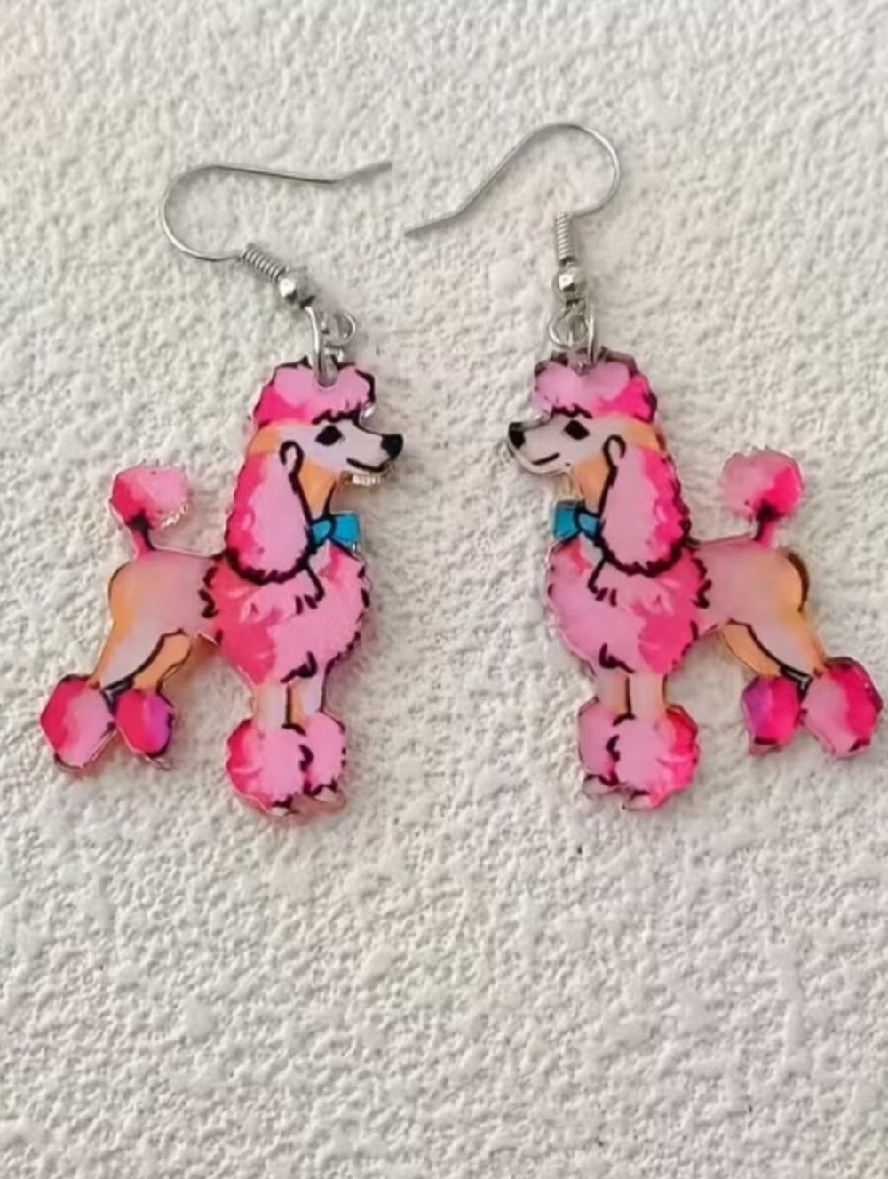 Hand Crafted Pink Poodle Drop Earrings with Blue Bow - Fun Women’s Jewelry